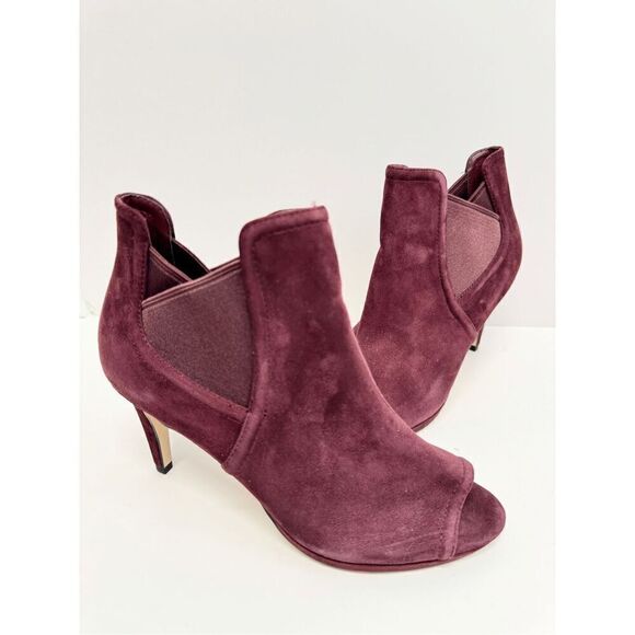 Cole Haan Peep Toe Ankle Booties Size 7B Burgundy Leather Suede Stiletto Heel - Picture 2 of 10